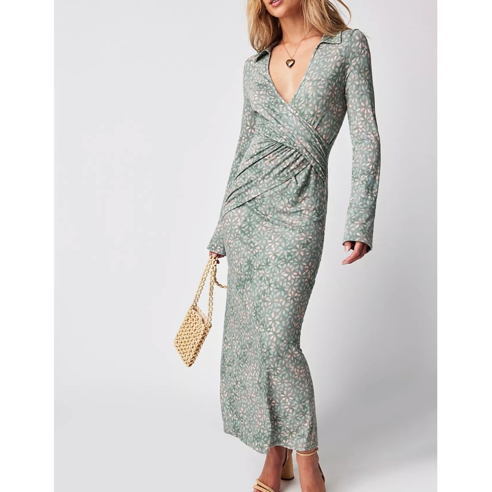 NWT FREE PEOPLE SHAYLA WRAP MIDI DRESS IN MINT COMBO long sleeves - M